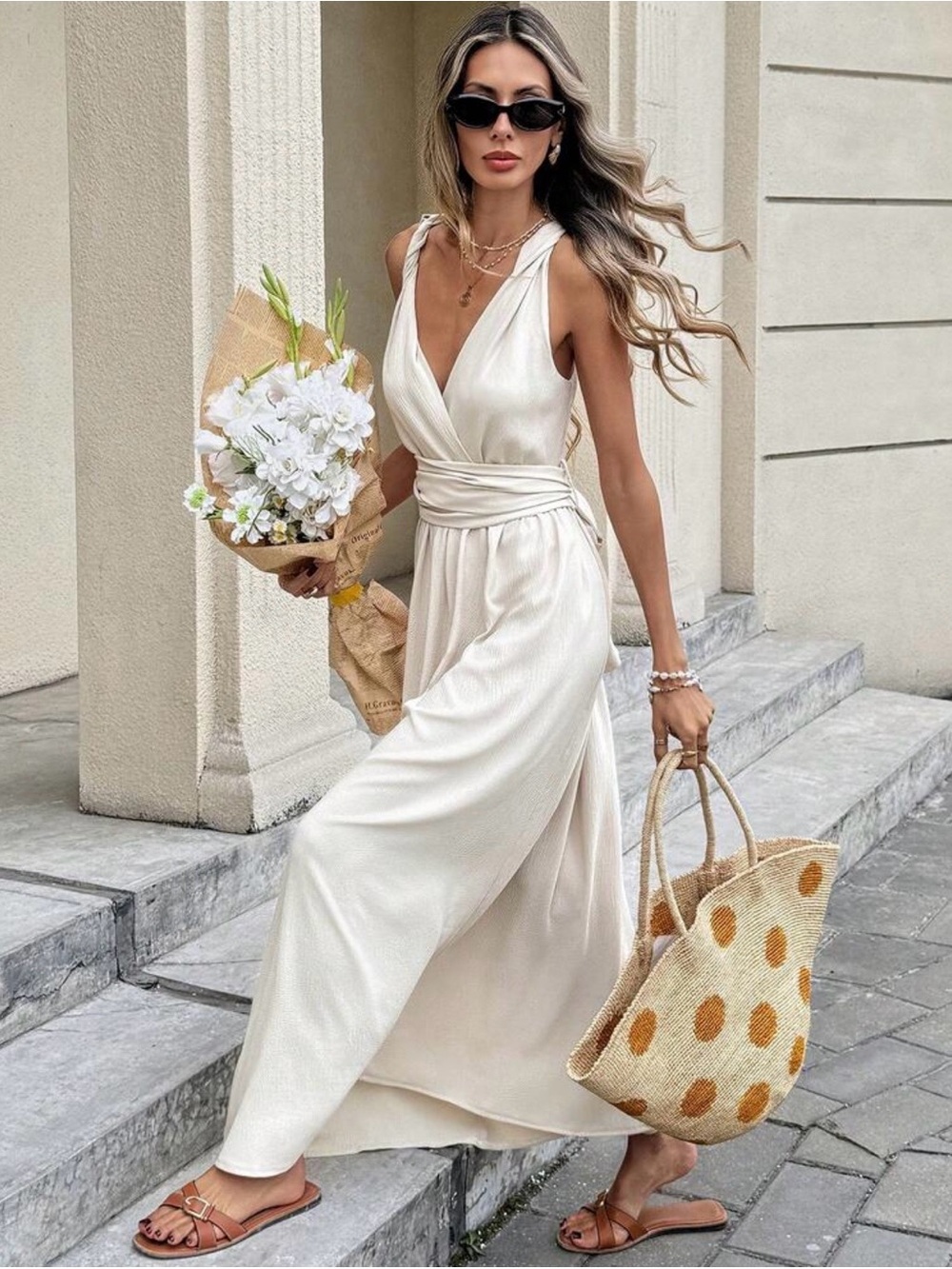 Elegant Taupe Wrap Maxi Dress with Tie Waist